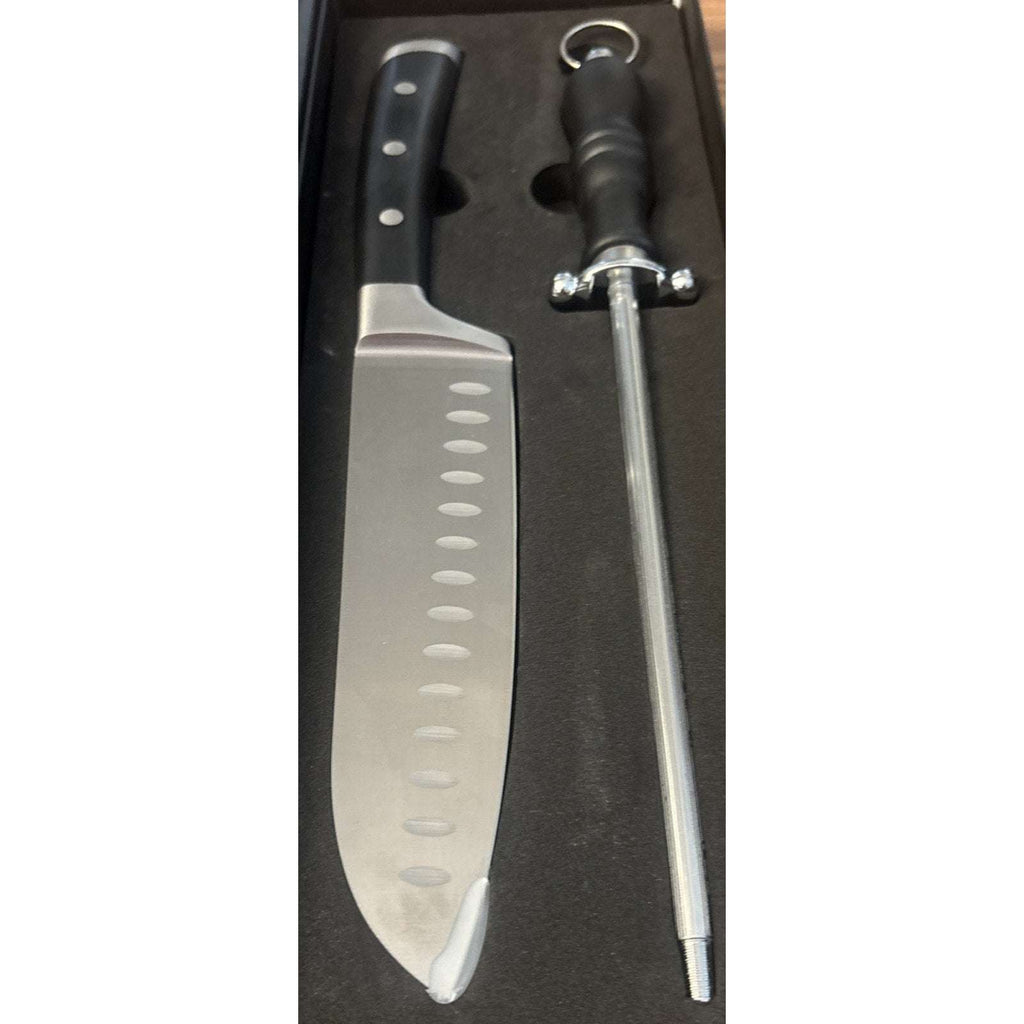 2Pc Classic 7" Hollow Edge Granton Santoku Knife and 8" Honing Rod Set