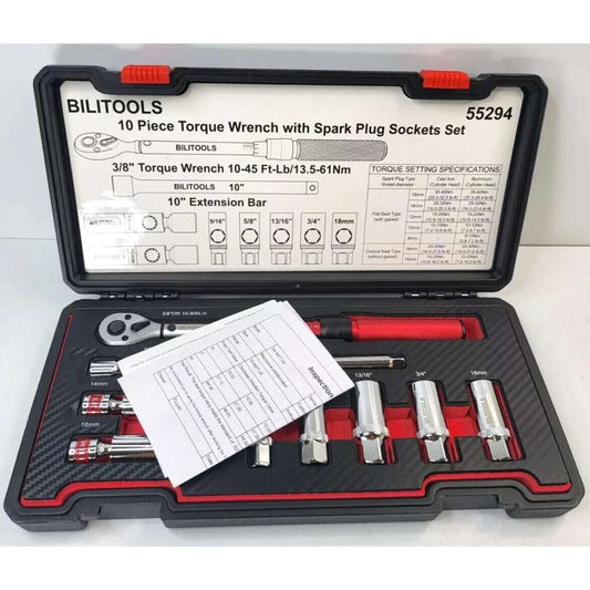 BILITOOLS 9-Piece Spark Plug Socket Set with 3/8 Inch Drive Click Torque Wrench,