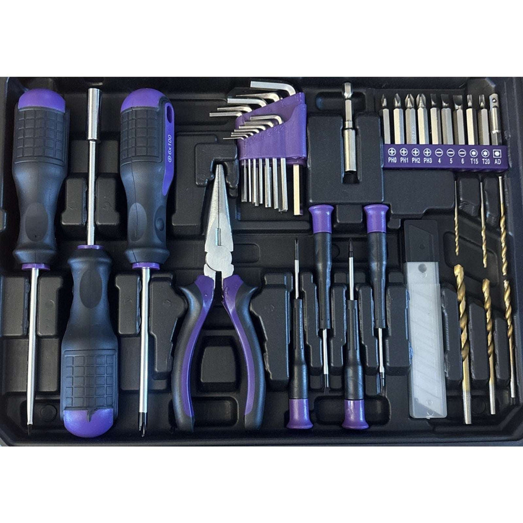 CARTMAN 150 Piece Tool Set, Home Tool Kit w/ 8V Purple Cordless Drill Set & Case