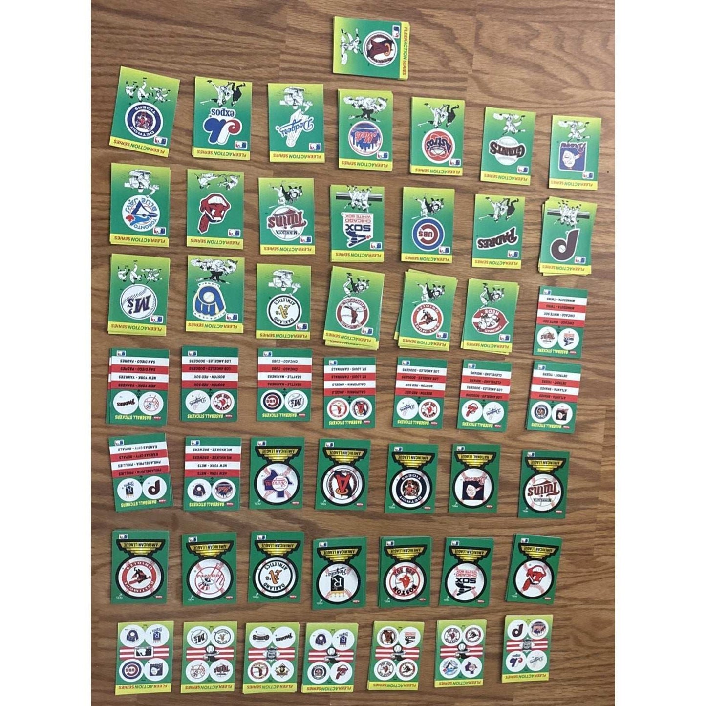 124Pcs 1990 Fleer MLB Baseball Teams Logo Stickers + Fleer Action Cards +Smalls