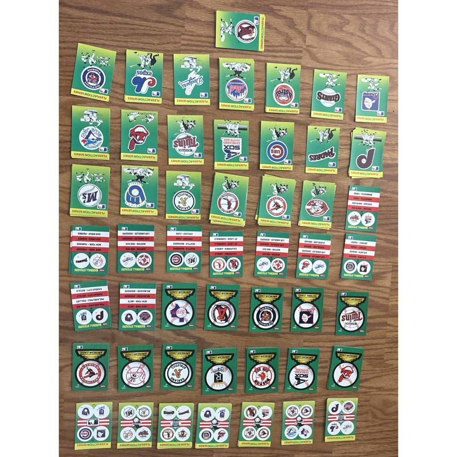 124Pcs 1990 Fleer MLB Baseball Teams Logo Stickers + Fleer Action Cards +Smalls