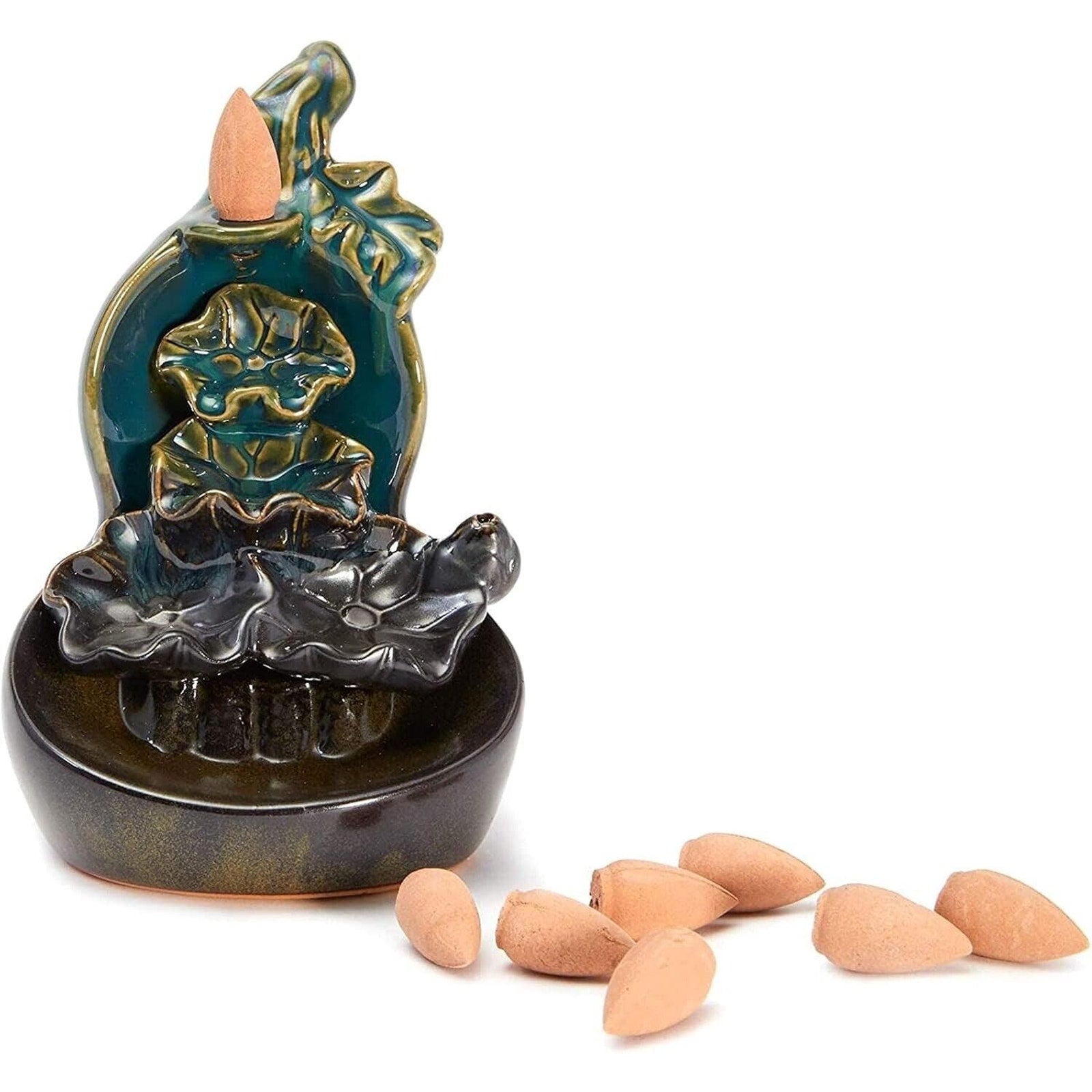Ceramic Incense Waterfall Burner Backflow Smoke Censer Holder w/ 15 Cones, 7.7"