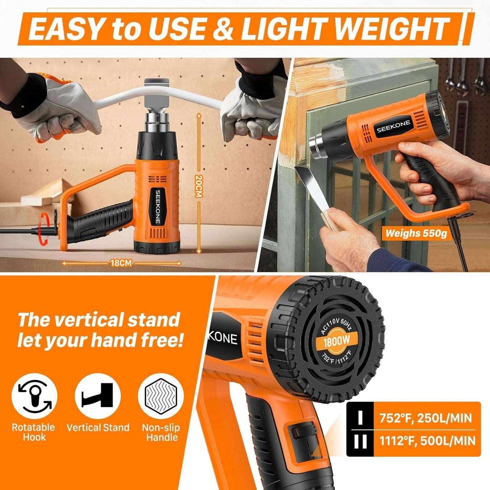 1800W Heavy Duty Heat Gun Fast Heat 752℉ & 1112℉ Dual-Temperature & 4 Nozzles