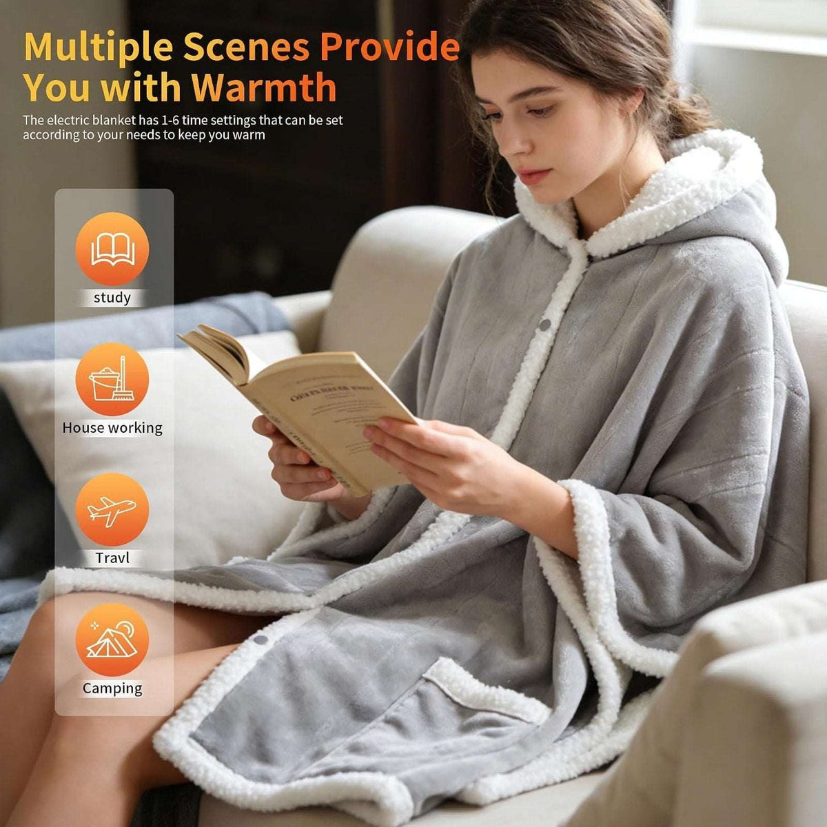 Wearable Sherpa & Velvet Heated Blanket with Hood & Pockets 6 Heat Levels, Timer