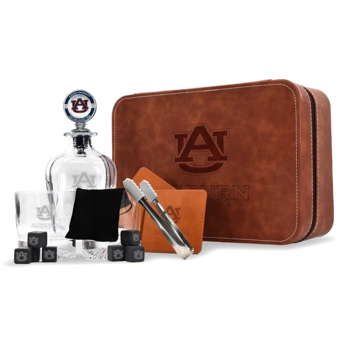 AUBURN TIGERS NCAA 750ml Whiskey Decanter & 2 Glass Set w/ Stones & Leather Case