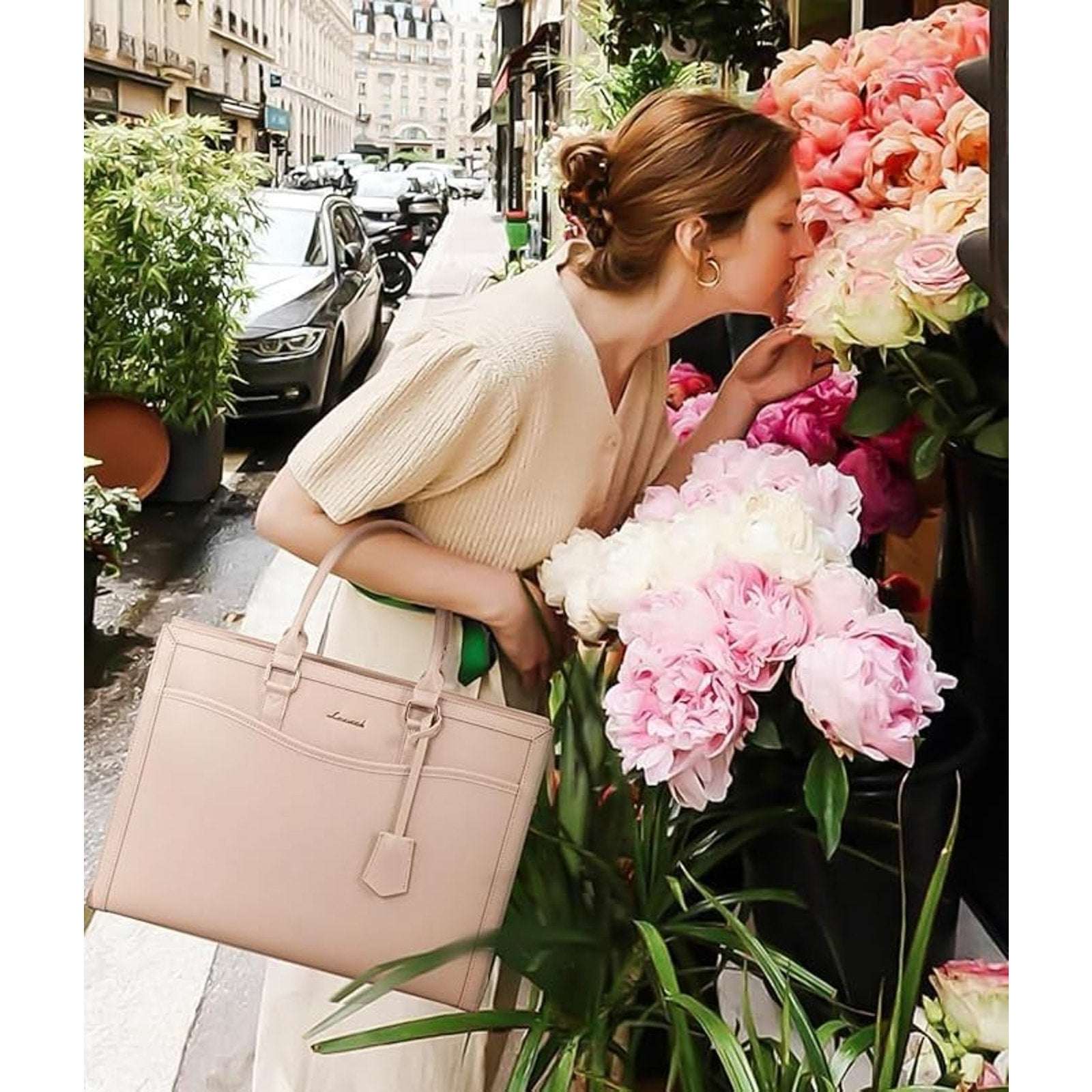 LOVEVOOK Laptop Tote Bag for Women Work, 15.6" Computer Briefcase Apricot/Beige