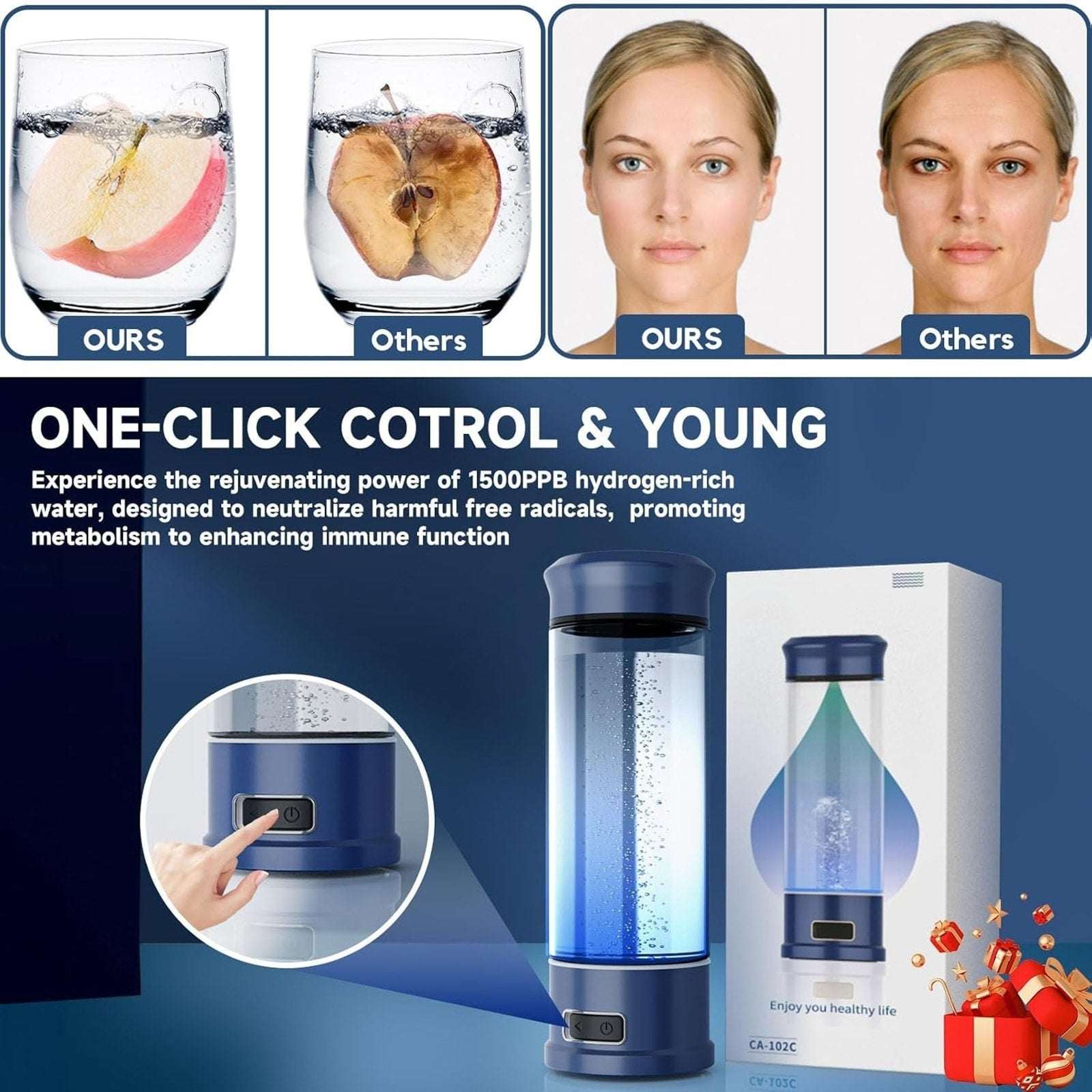 Hydrogen Water Bottle Generator 1500 PPB Smart Water Ionizer with SPE/PEM Tech