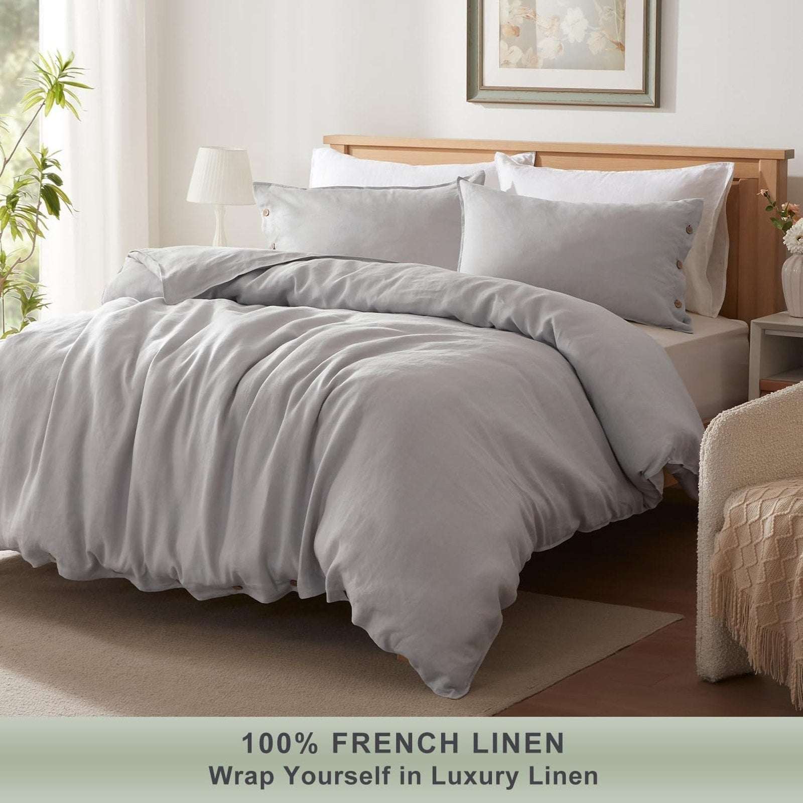 UMCHORD 100% French Linen Duvet Cover Set Soft Breathable 3PC Full Size Gray