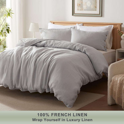 UMCHORD 100% French Linen Duvet Cover Set Soft Breathable 3PC Full Size Gray