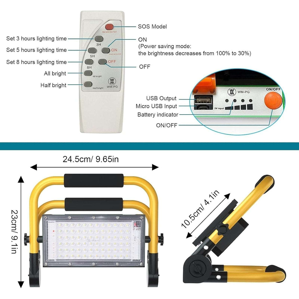 80W Solar LED Work Light 8000lm 13500mAh Rechargeable Battery Stand Timer Remote