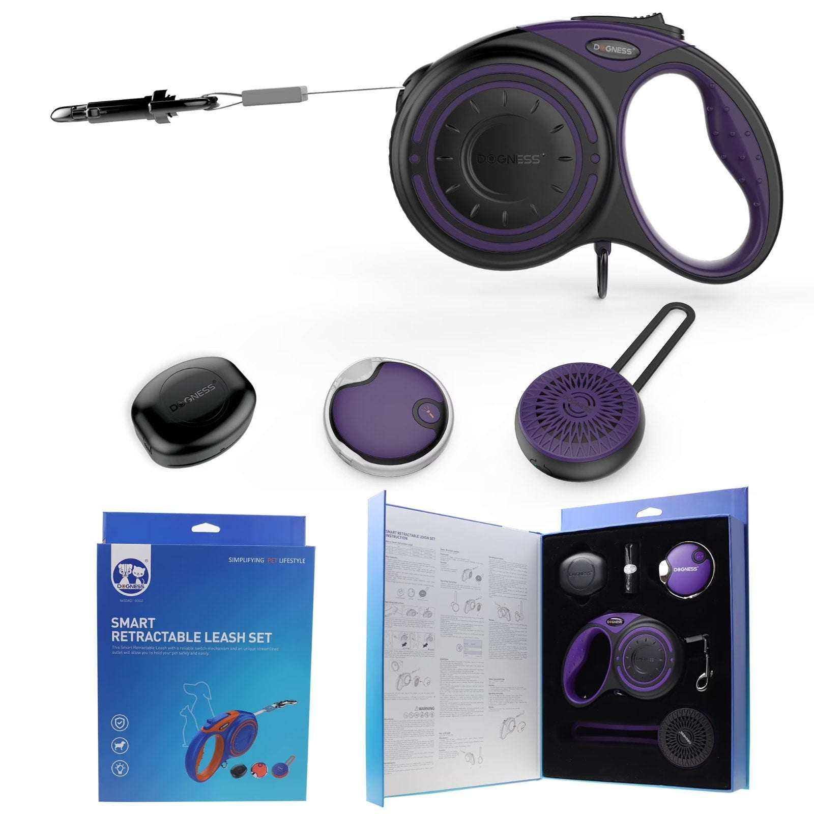 Smart Retractable Dog Leash Set w/ LED Light, Bluetooth Speaker, Bag Dispenser
