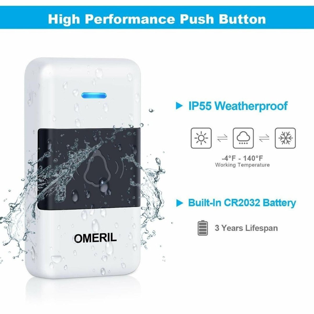 Omeril Weatherproof Wireless Doorbell with 2 Plug-In Receivers 1000ft Range Kit