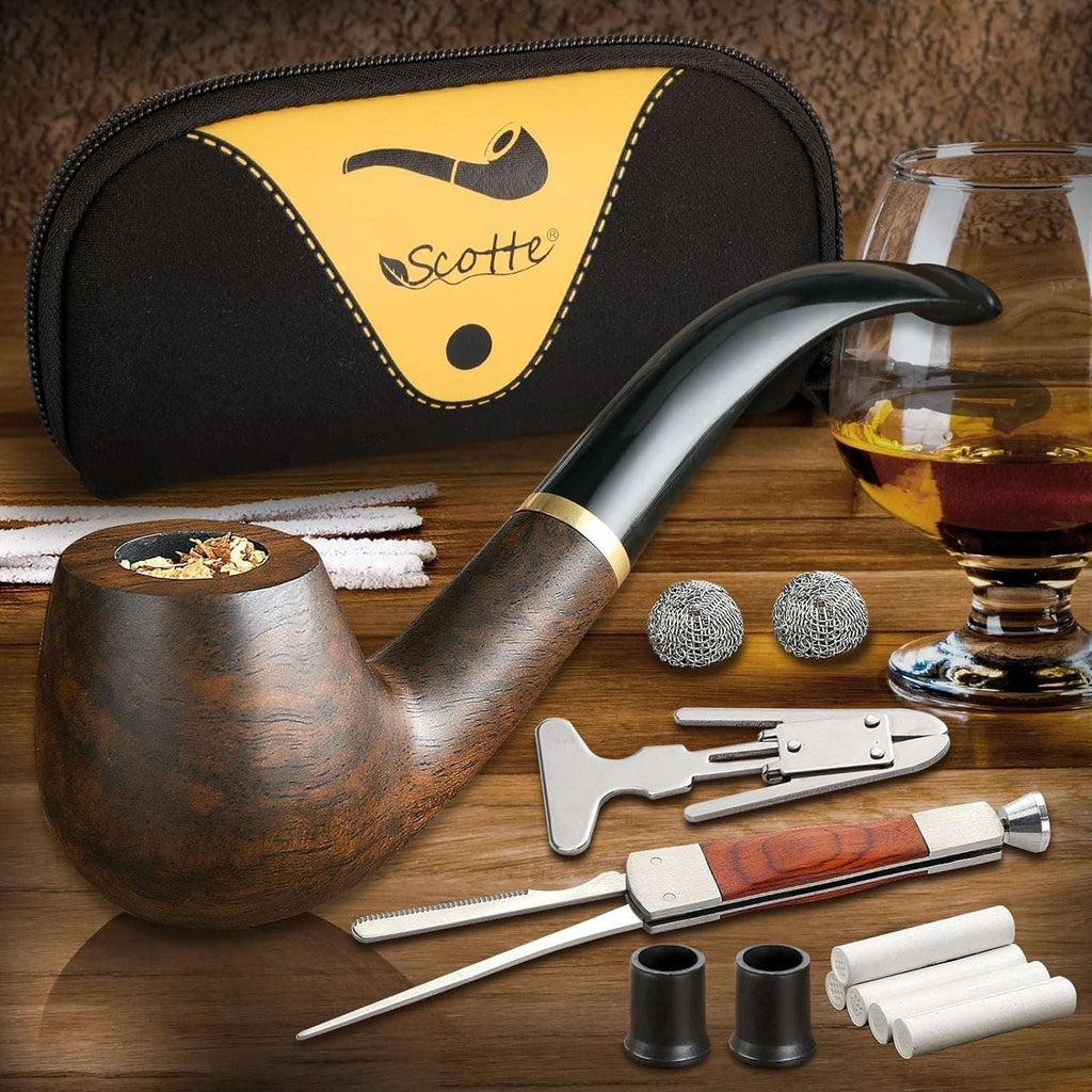 Tobacco Pipe Handmade Ebony Wood Root Smoking Pipe 19PC Set w/ Case, Accessories