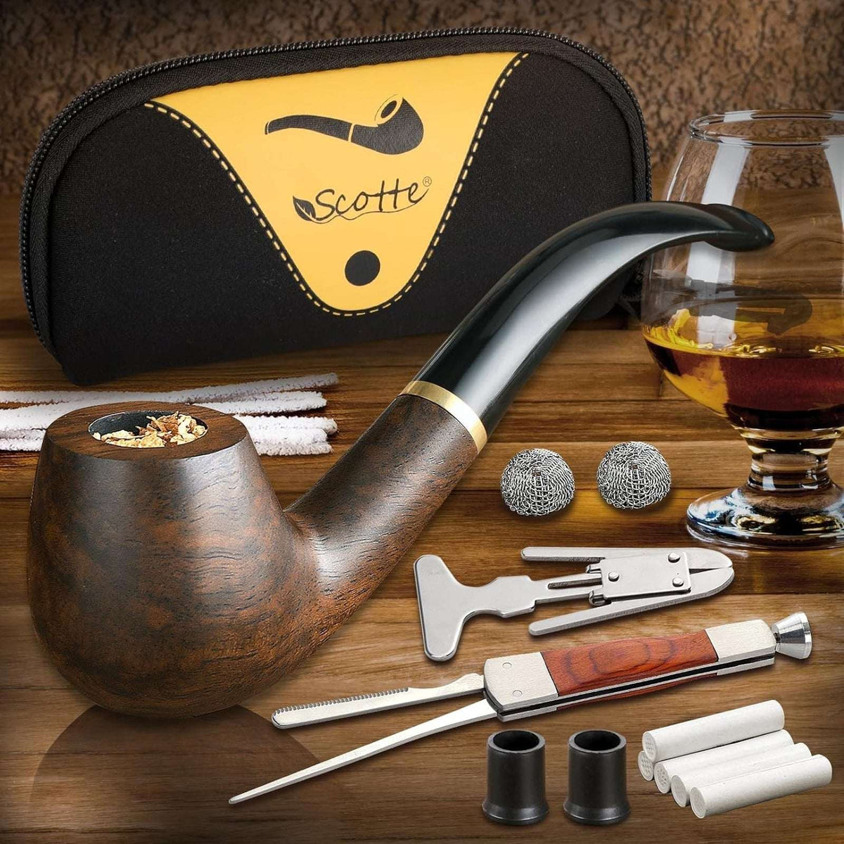 Tobacco Pipe Handmade Ebony Wood Root Smoking Pipe 19PC Set w/ Case, Accessories
