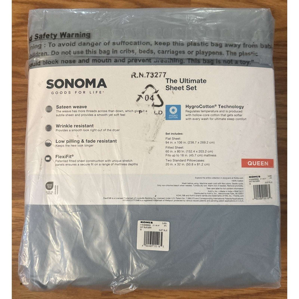 SONOMA ULTIMATE HYGROCOTTON 4PC SHEET SET 400TC Temp Regulating DUSTY BLUE QUEEN