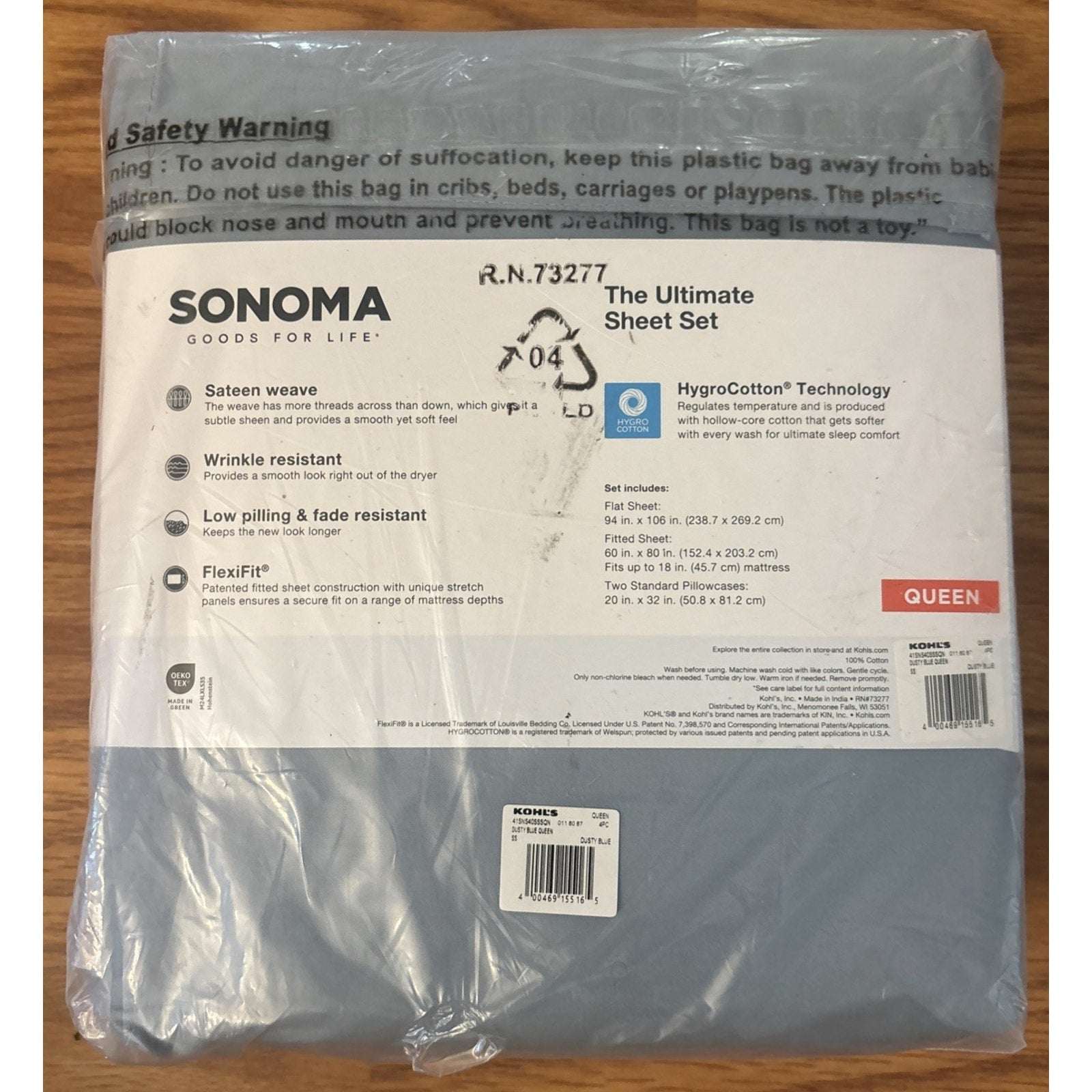 SONOMA ULTIMATE HYGROCOTTON 4PC SHEET SET 400TC Temp Regulating DUSTY BLUE QUEEN