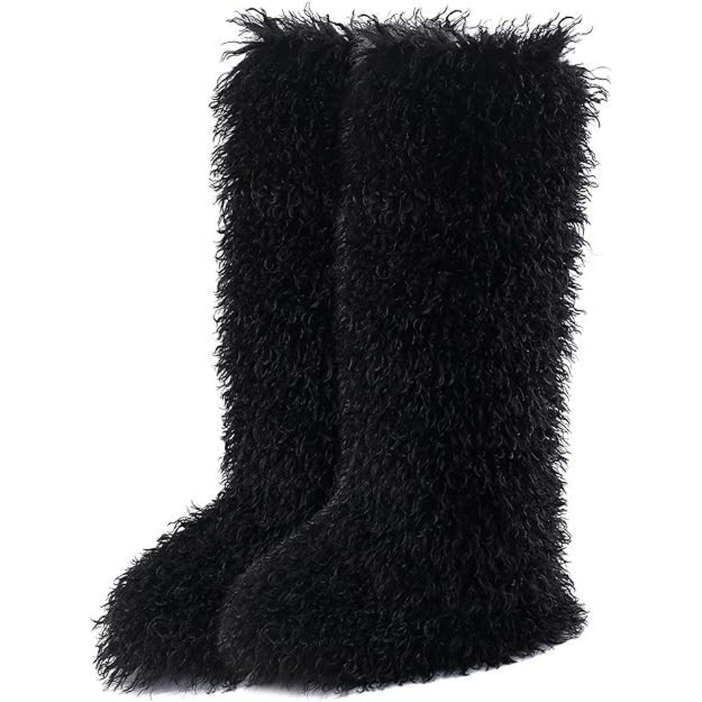 Y2K Rave Shaggy Mongolian Faux Fur Knee High Black Furry Moon Boots Sz 13 Womens
