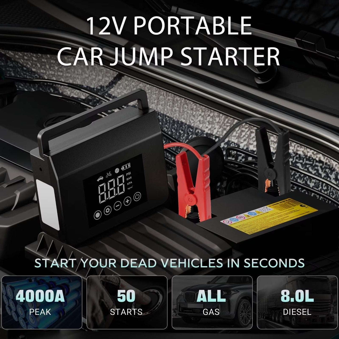 4000A 12V Car Jump Starter, 15000mAh Power Bank, Air Pump & LED Light Gas/Diesel