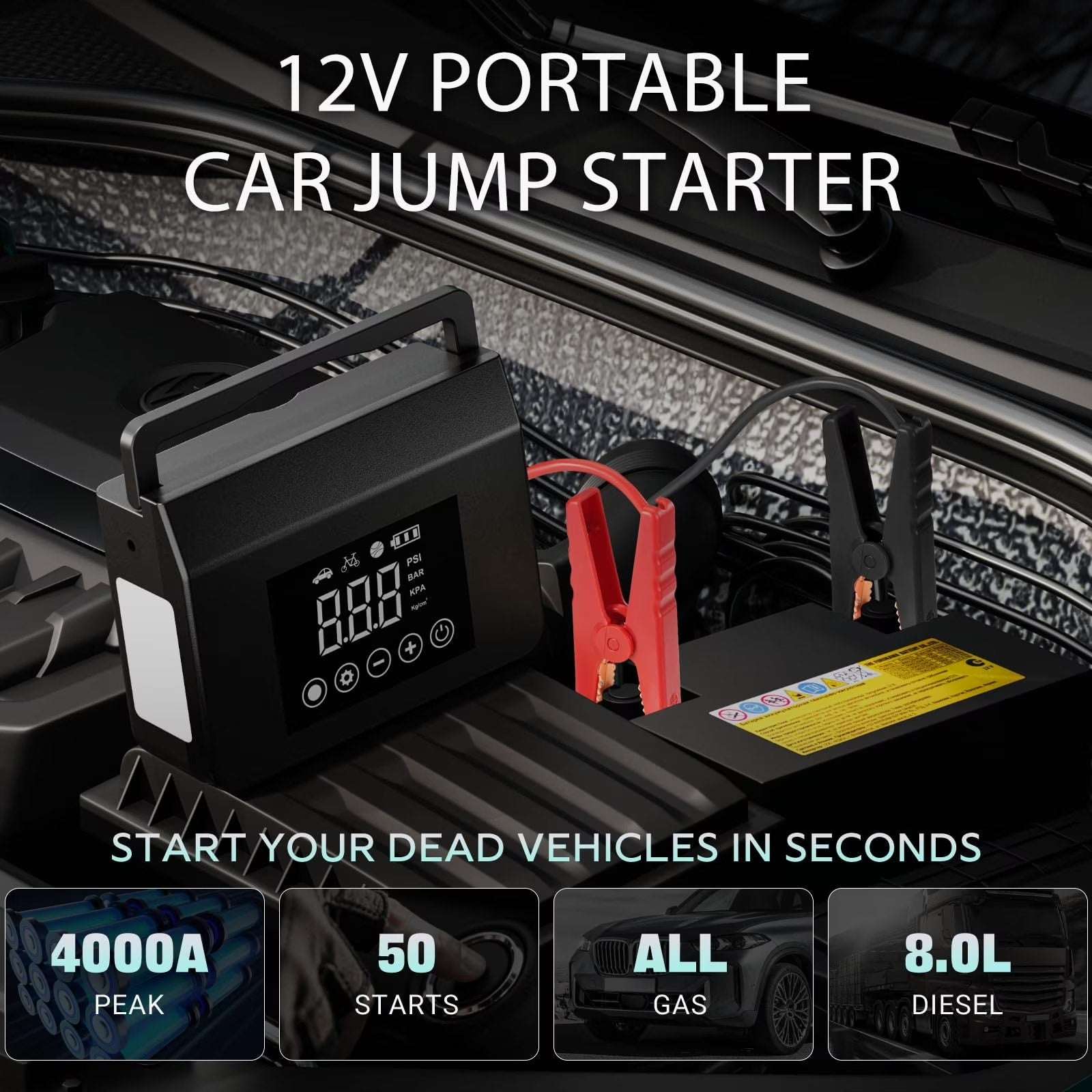 4000A 12V Car Jump Starter, 15000mAh Power Bank, Air Pump & LED Light Gas/Diesel