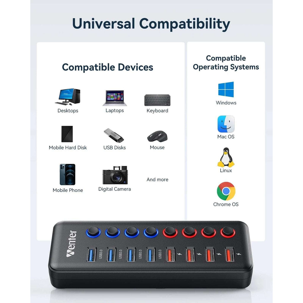 8-Port USB Hub Splitter 4 USB 3.0 Data Ports 4 Smart Charging Ports Ind Switches