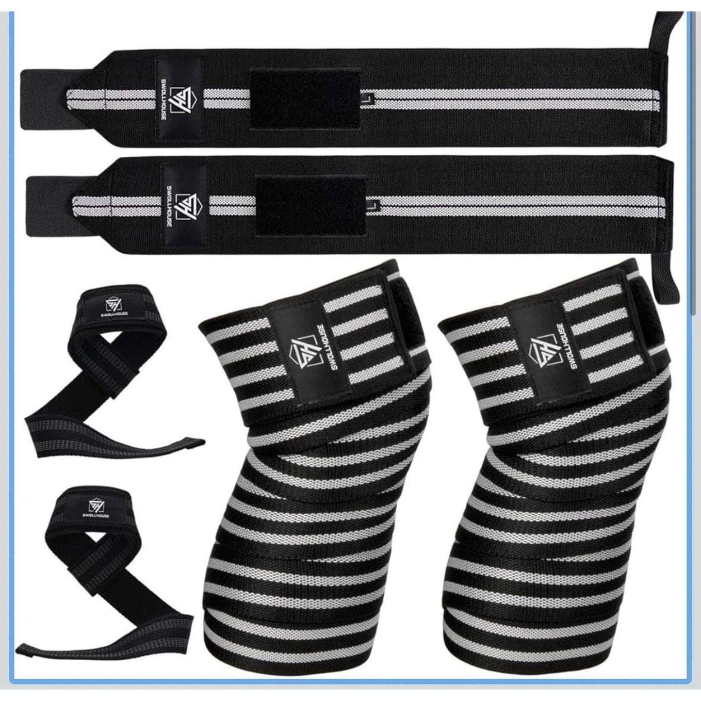 SWOLLHOUSE Knee Wraps + Wrist Wraps + Weight Lifting Straps Bundle (1 Pair Each)