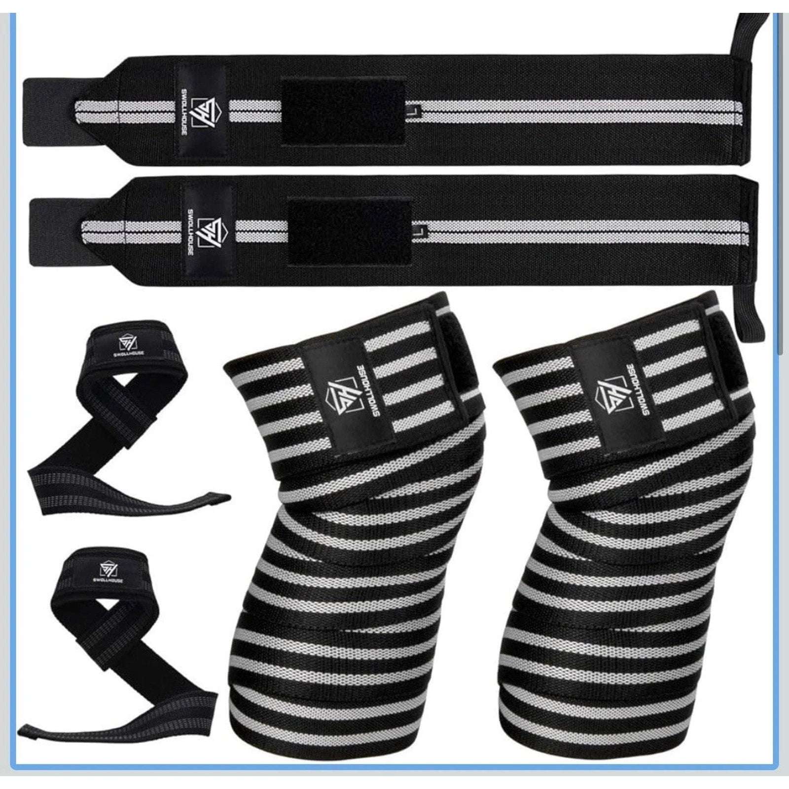 SWOLLHOUSE Knee Wraps + Wrist Wraps + Weight Lifting Straps Bundle (1 Pair Each)