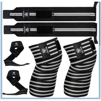 SWOLLHOUSE Knee Wraps + Wrist Wraps + Weight Lifting Straps Bundle (1 Pair Each)