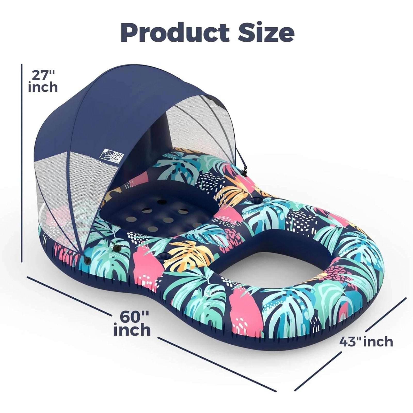 Pool Float w/ Canopy Inflatable Adult 60"x43" Lounger Raft w/ UPF 50+ Sunshade