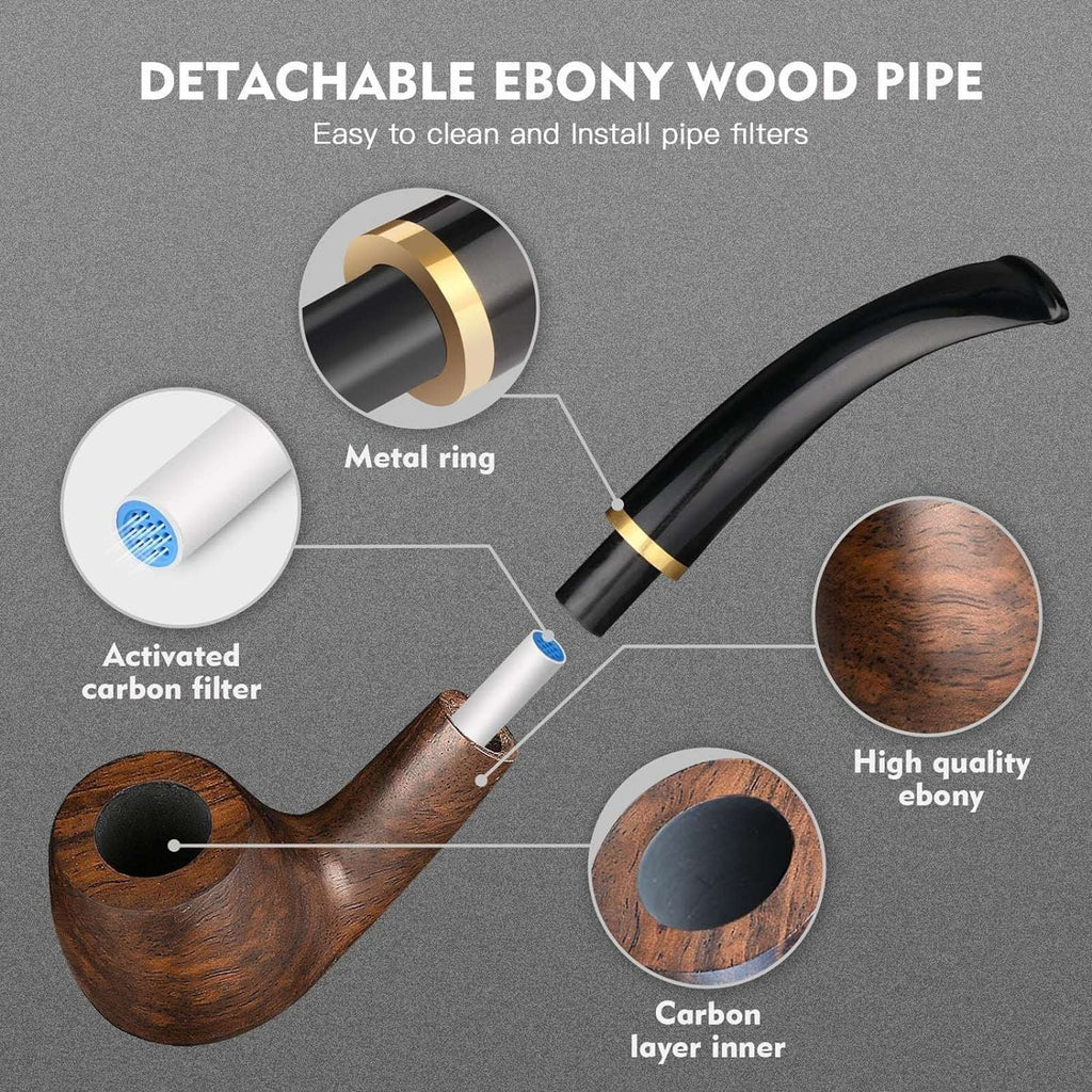 Tobacco Pipe Handmade Ebony Wood Root Smoking Pipe 19PC Set w/ Case, Accessories