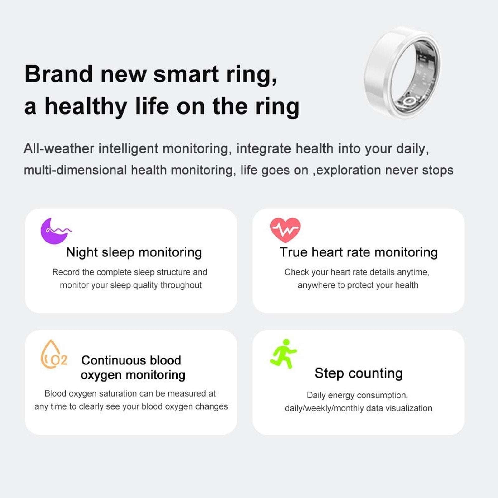 JRing Smart Ring Health Tracker Bluetooth Size 9 in Silver iOS & Android w/ App
