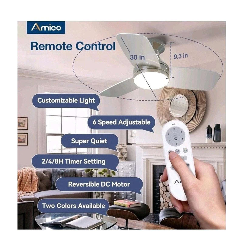 Amico 30 inch Low Profile Ceiling Fan with Lights & Remote Flush Mount 3-Blade