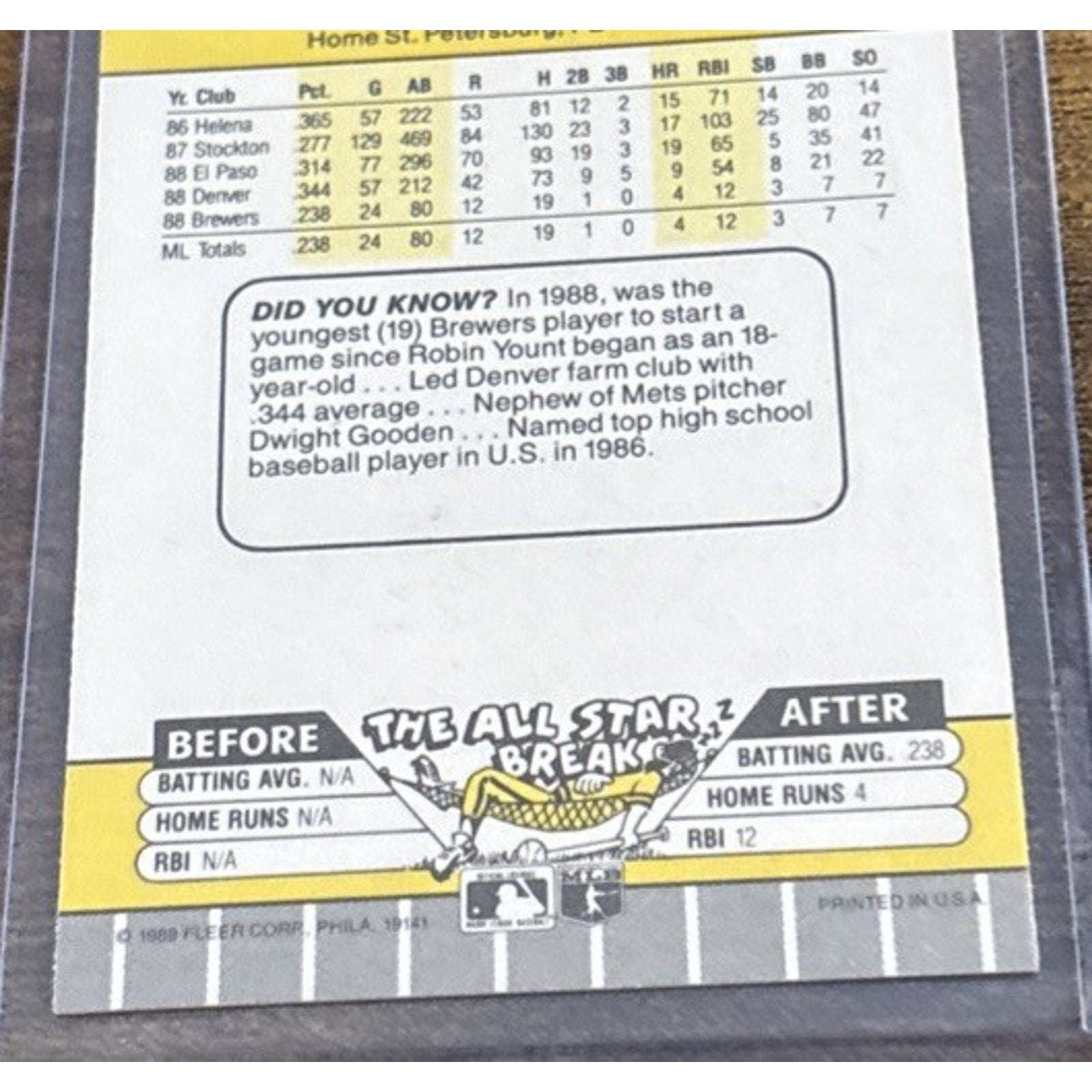 1989 FLEER #196 GARY SHEFFIELD - BREWERS - From Pack to Sleeve - MLB Baseball