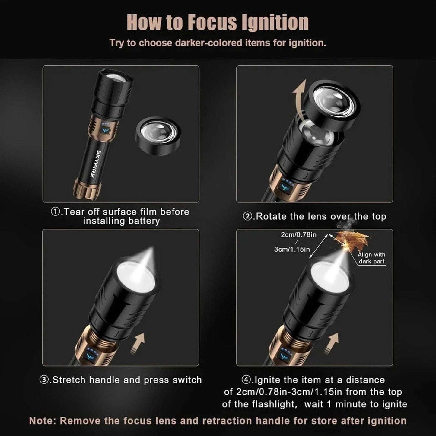 SKYFIRE LED Flashlight 2000lm Rechargeable Zoom Waterproof w/ FIRE STARTER Lens