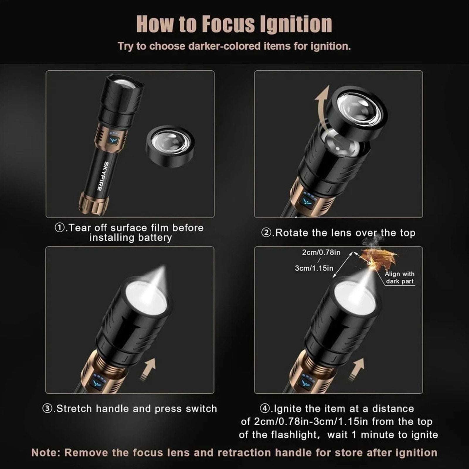 SKYFIRE LED Flashlight 2000lm Rechargeable Zoom Waterproof w/ FIRE STARTER Lens