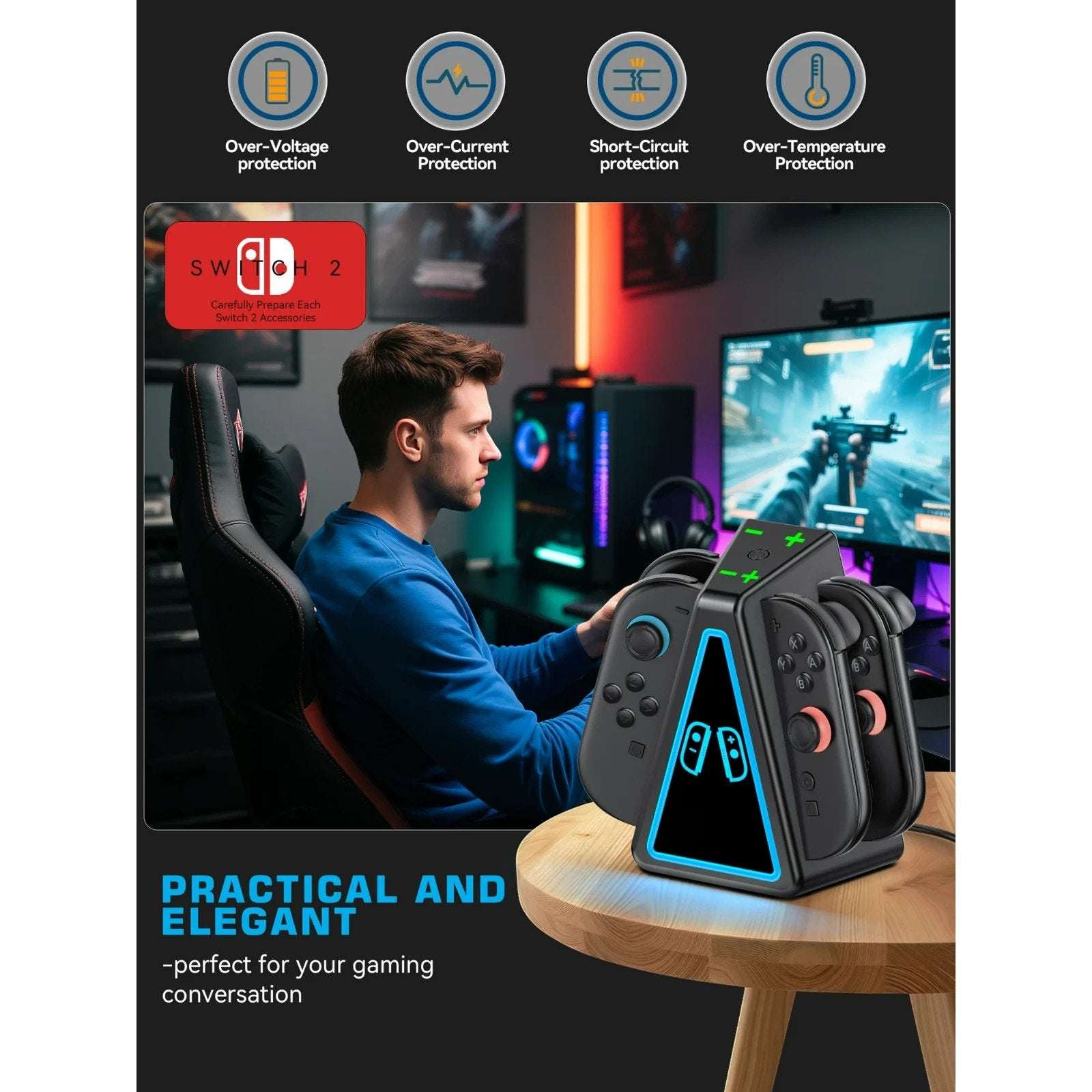 for Nintendo Switch 2 RGB Magnetic Charging Dock - 4 Joy-Con Controllers Charger