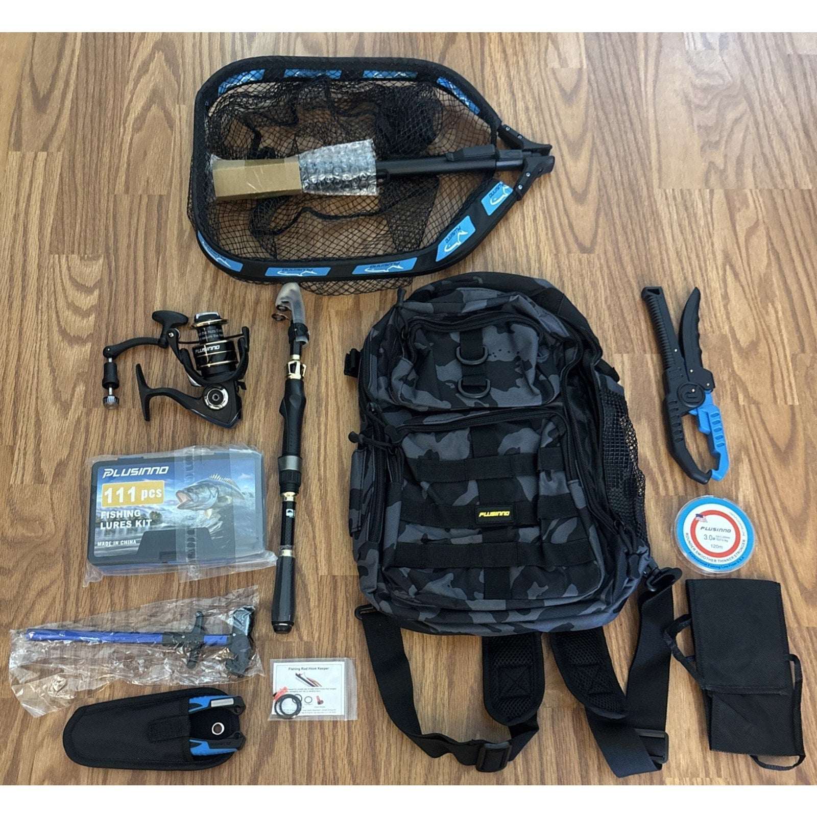 Plusinno Waterproof Fishing Backpack Tackle Bag, Rod, Reel, Net, 111PC Lure Kit+