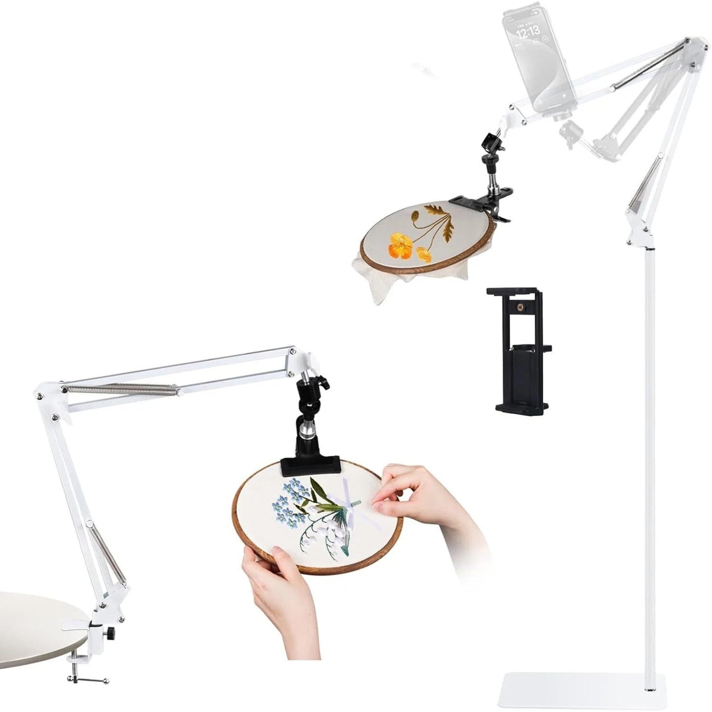 Embroidery Hoops Floor Stand Holder, 360° Rotate Hands Free + Phone Holder White