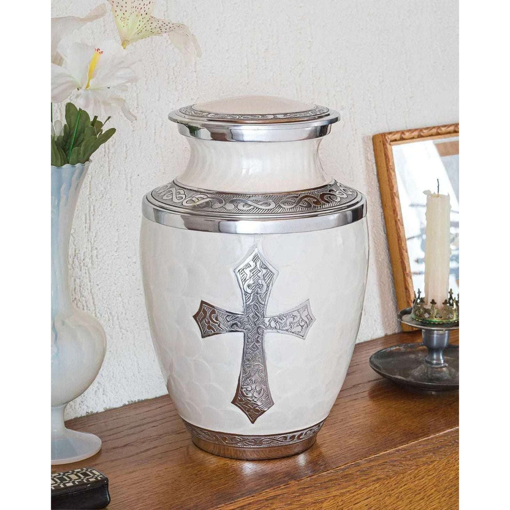 Olivia Memorials God's Love White Urn for Ashes Hand Engraved Cross Large 8x10