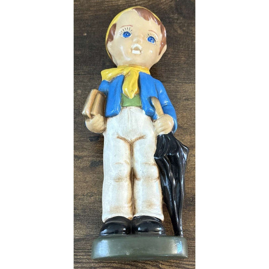 VTG Ceramic School Boy Figurine Books Umbrella Red Backpack Blue Coat Yellow Hat