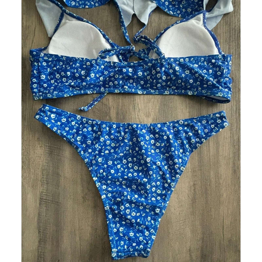 Women's Ruffled Straps Cheeky High Cut Bottom Blue White Flowers Bikini 2Pc Sz M