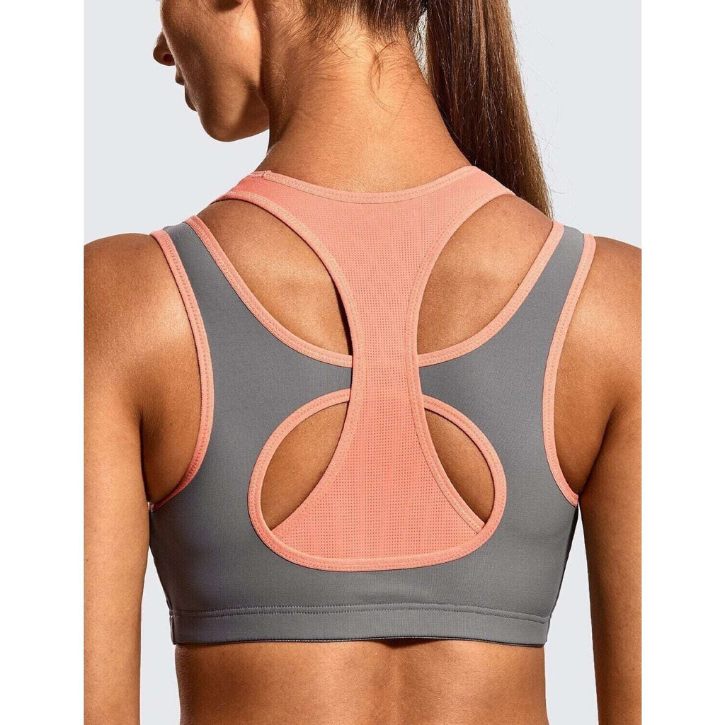 SYROKAN Sports Bra High Impact Wirefree Padded Racerback XS Lead Gray#9/Melon