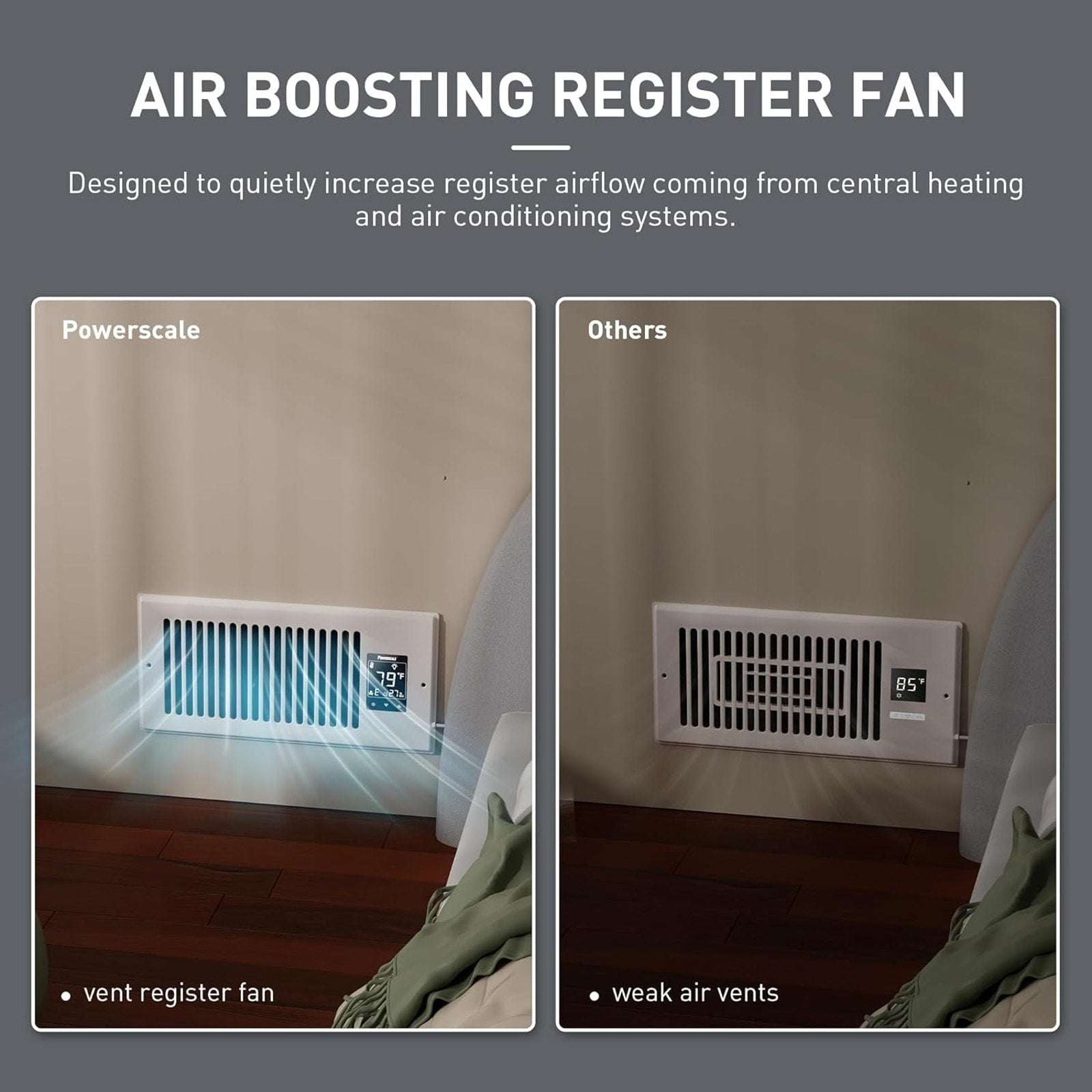 4"X10" Smart Vent Air Booster Register Fan 9-Speeds Thermostat & Humidity Sensor