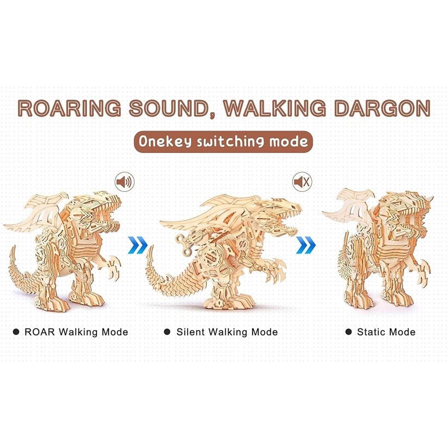 RMOKA 3D DIY Wooden Puzzle Walking Mechanical Roaring Dragon Mechanical Assembly