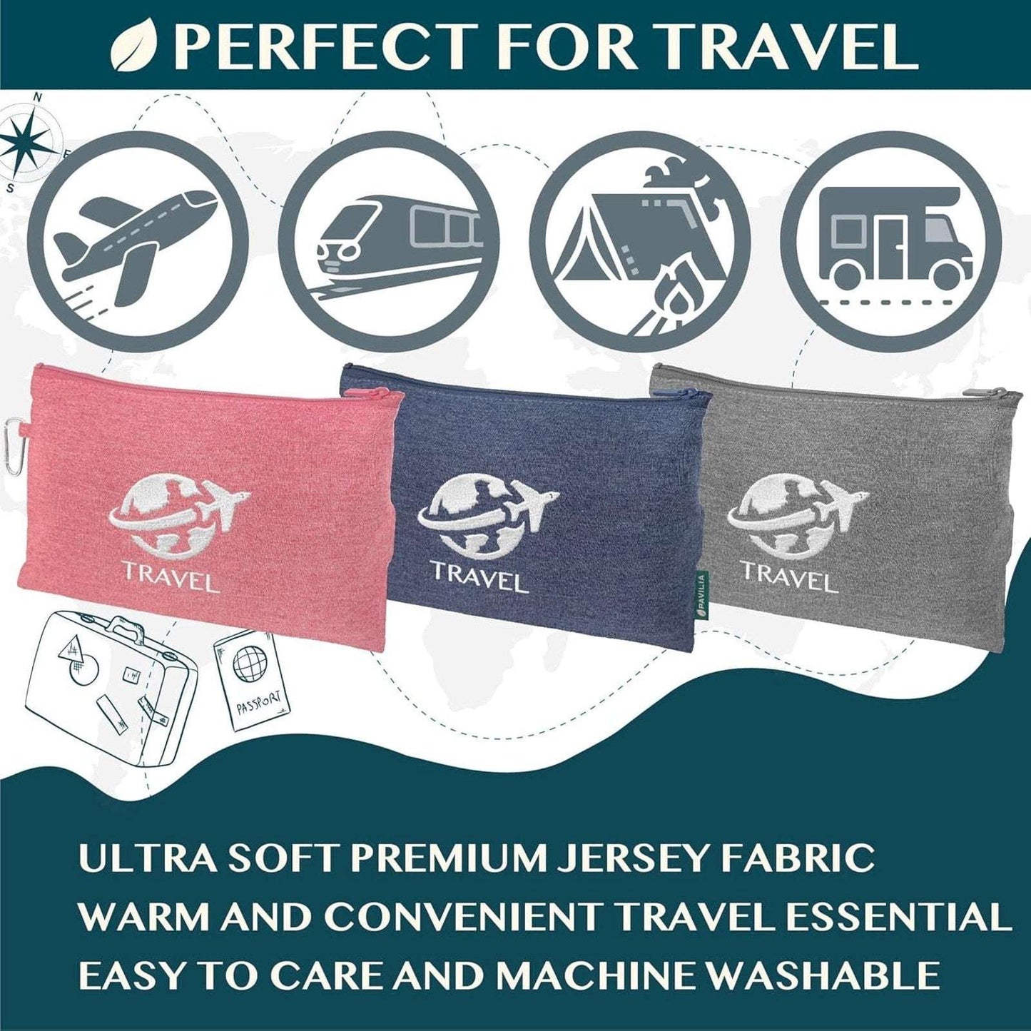 PAVILIA Compact Travel Blanket Pillow Set Airplane Roadtrip Car Flight Plane+