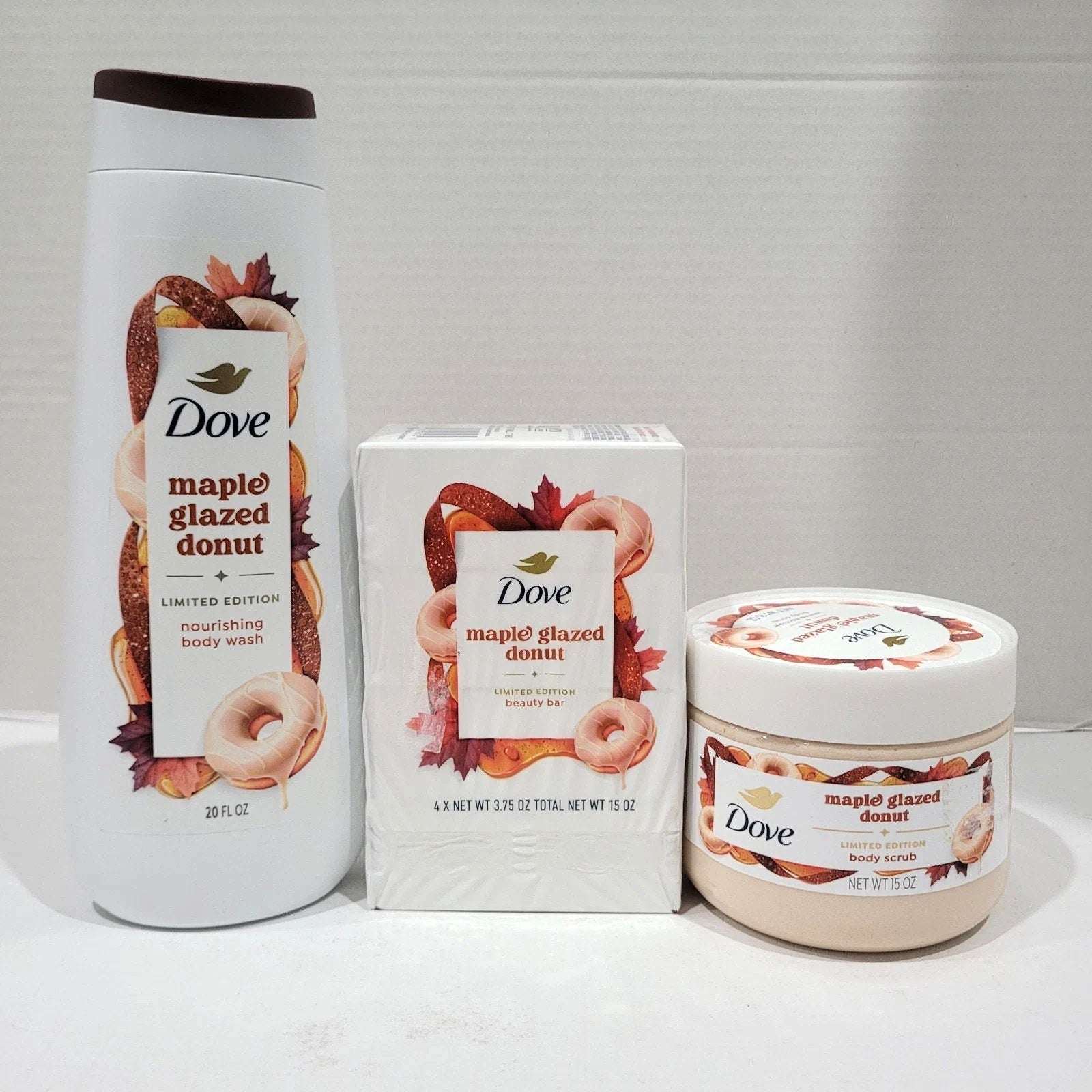 3PC Dove Limited Edition Maple Glazed Donut Body Wash, Body Scrub & Bar Soap Set