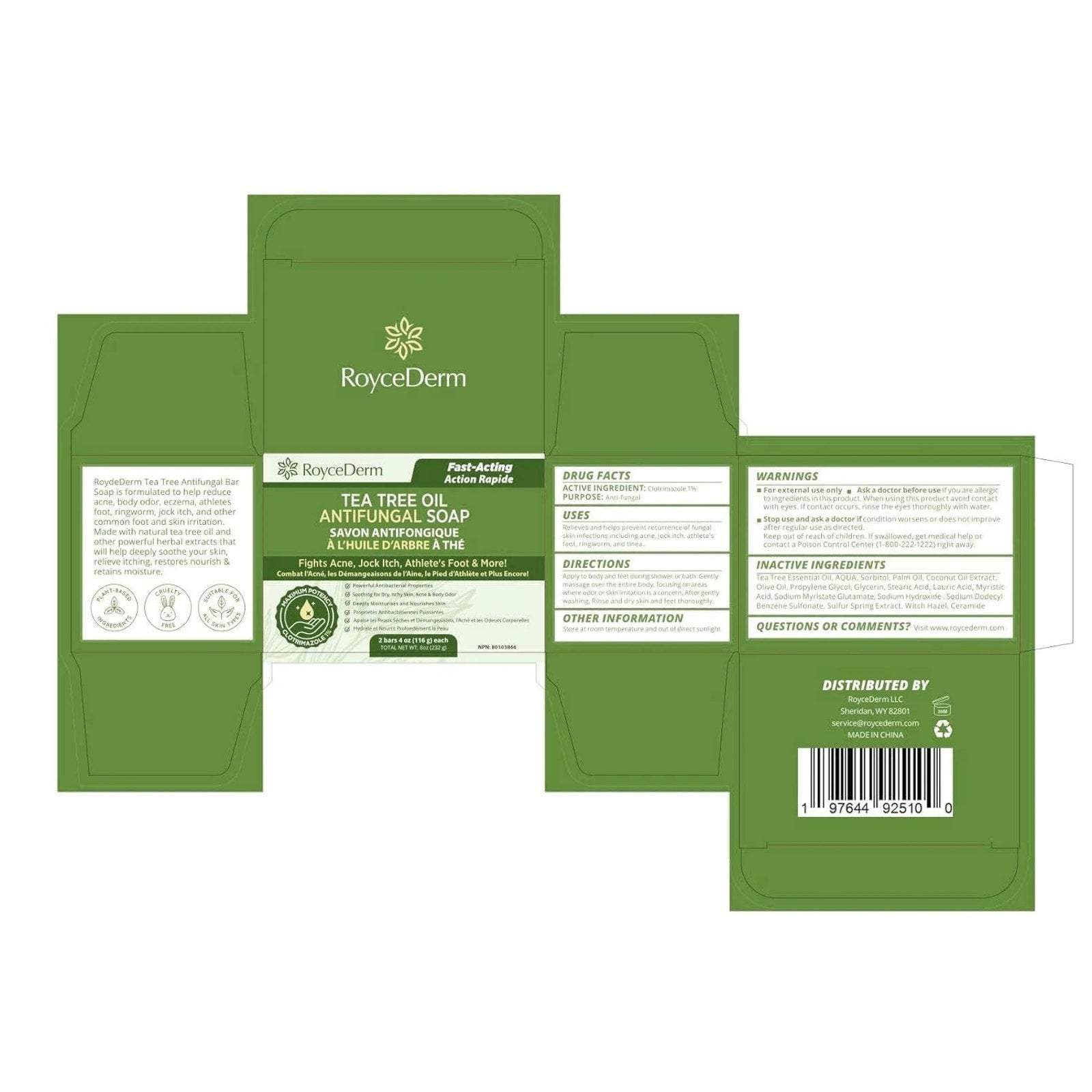Roycederm Antifungal Antibacterial Treatment Tea Tree Soap 2 x 4.1 oz Soap Bars