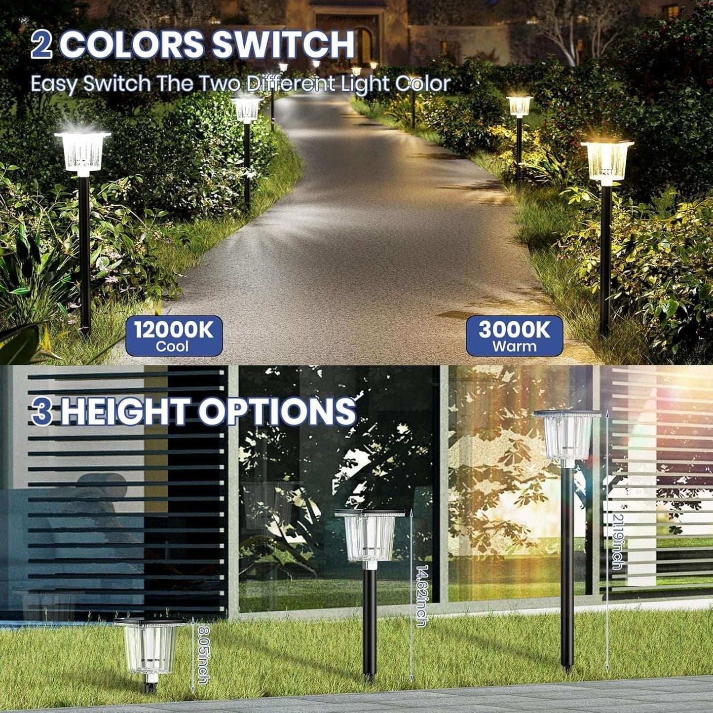 Solar Garden LED Lights Waterproof Landscape Pathway Warm & Cool 2-Color 8-Pack