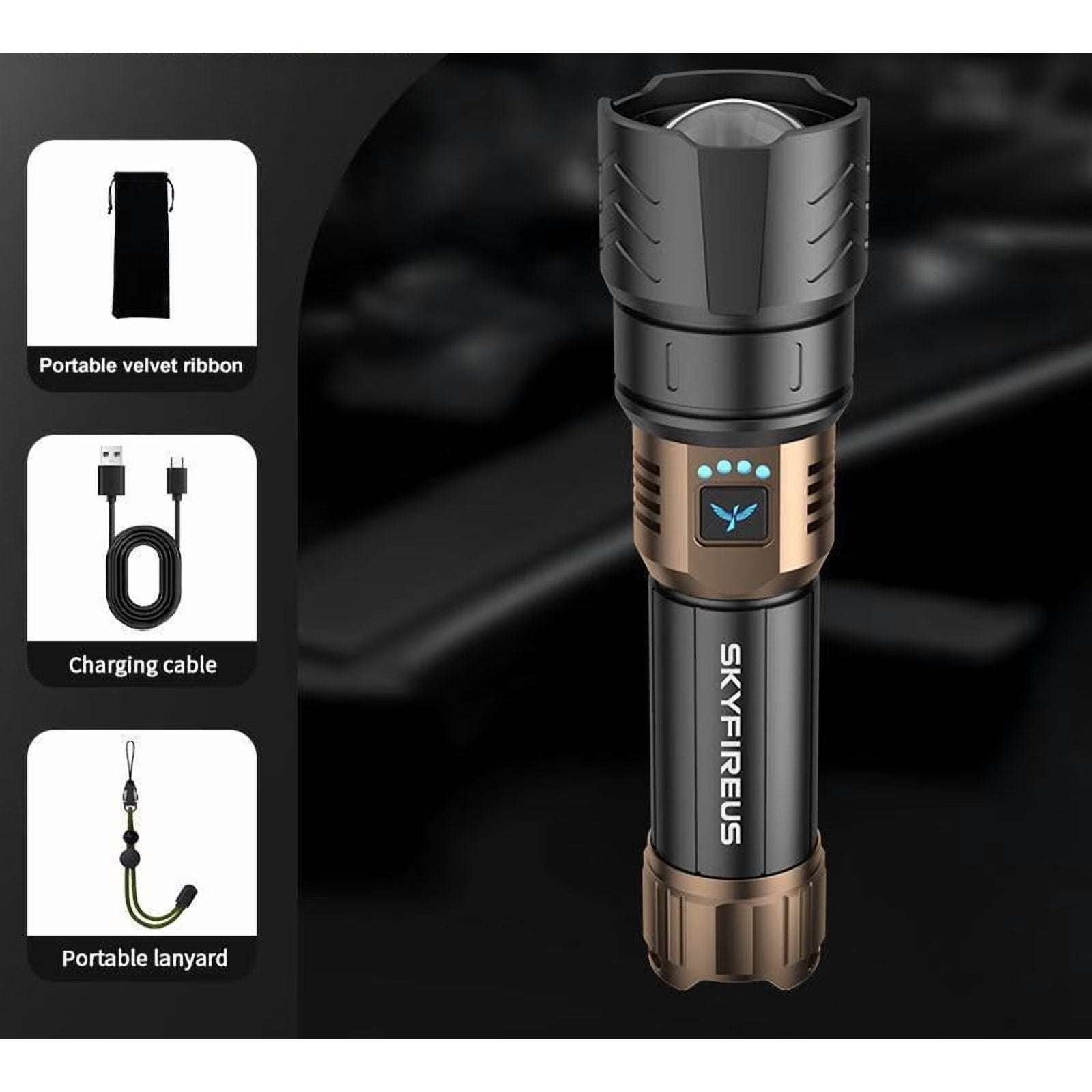 SKYFIRE LED Flashlight 2000lm Rechargeable Zoom Waterproof w/ FIRE STARTER Lens