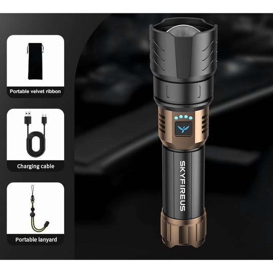 SKYFIRE LED Flashlight 2000lm Rechargeable Zoom Waterproof w/ FIRE STARTER Lens