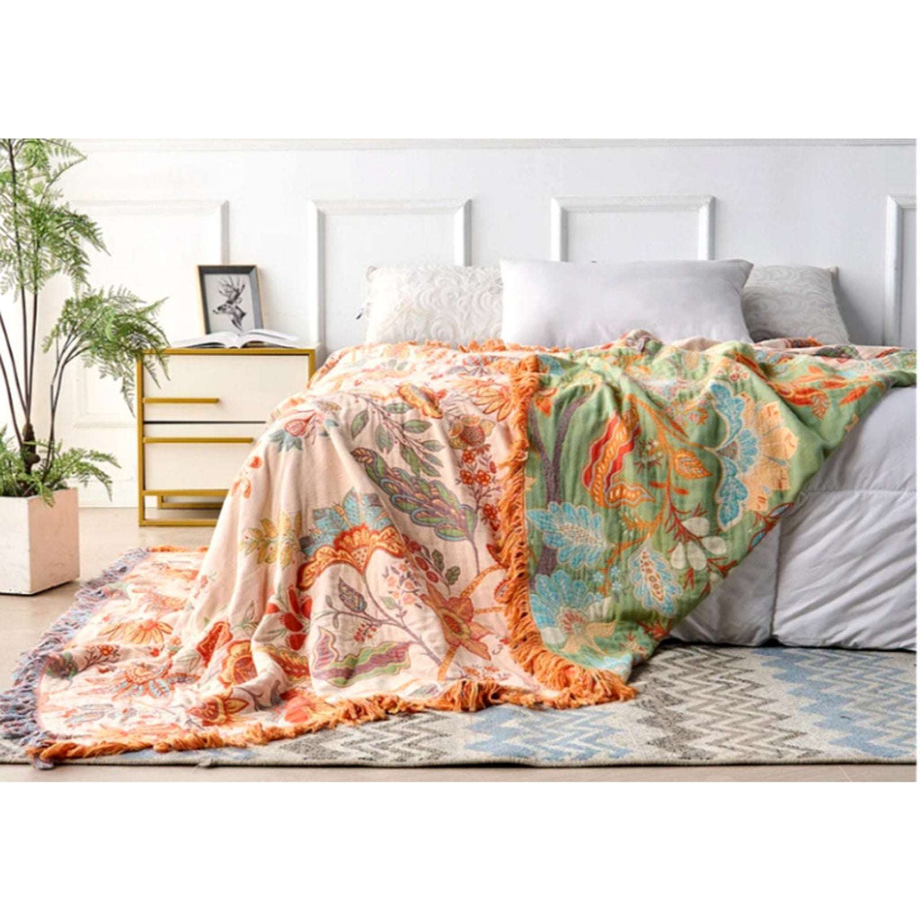 Casa & Beyond Cotton Floral Boho Reversible Blanket 91" x 98" + 4 Pillow Shams